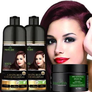 2 PCS 500ML HERBISHH NATURAL HAIR COLOR SHAMPOO WITH ARGAN HAIR MASK -GRAPE RED - Bild 1 von 7