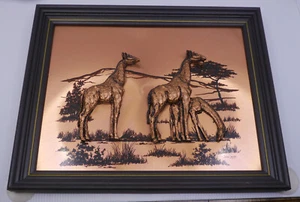 VINTAGE JOHN LOUW COPPER 3D FRAMED ART PICTURE, GIRAFFE FAMILY, 15.5 X 13 IN. - Picture 1 of 5