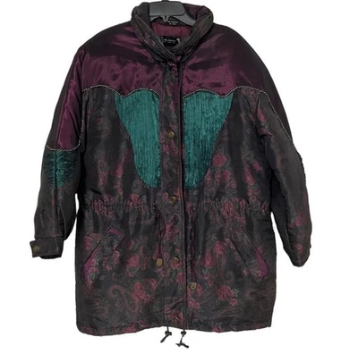 Izzi Vintage Parka Jacket Puff Oversized Large Purple Teal Red Floral Pockets L - Image 1 of 4