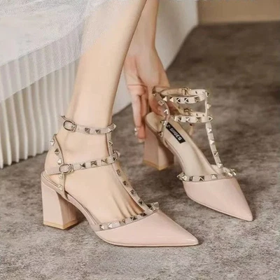 Women's High Heels Fashion Slingbacks Buckle Female Sandals Roman Pointed Rivets - Image 1 of 4