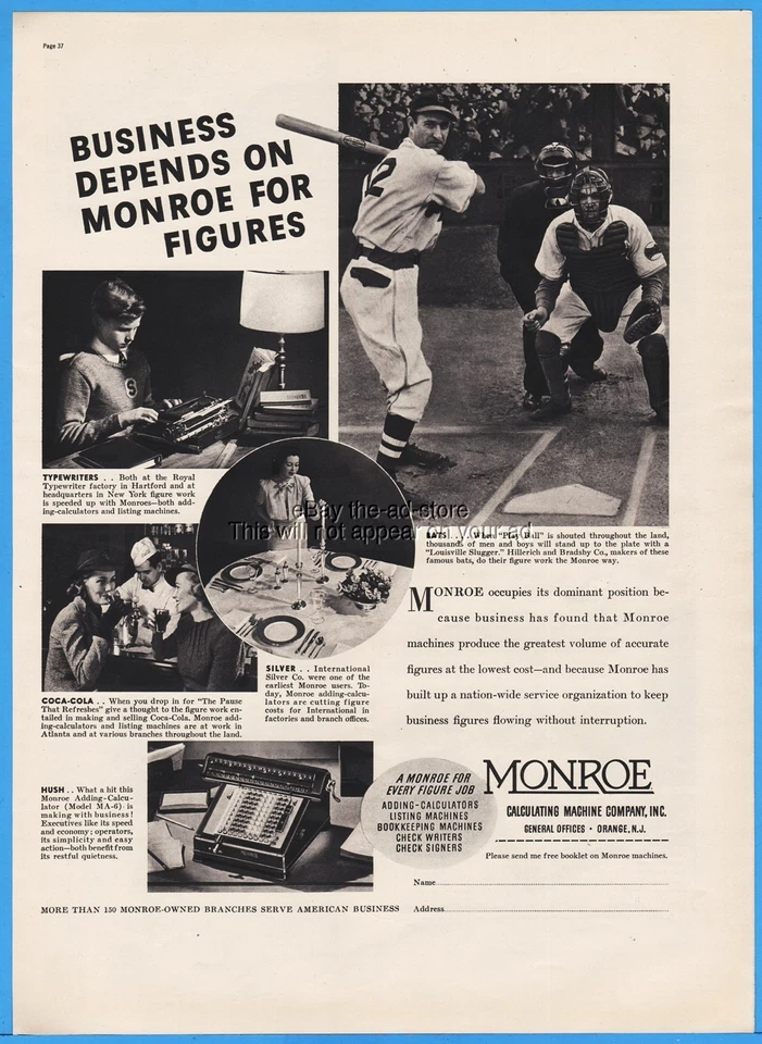 1938 Monroe Calculating Machine Orange NJ Model MA-6 Louisville Slugger Bat Ad - Image 1 of 1