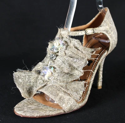 LANVIN Beige Glitter Tweed Embellished T-Strap Heels Sandals 39 - Image 1 of 4