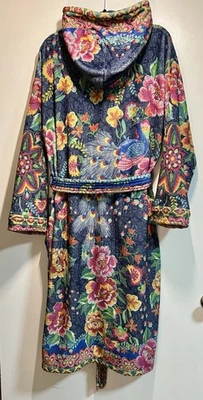 Johnny Was L/XL Acogedora Bata Darnahta Bufanda Estampado Con Capucha Pesada Polar Pavo Real Espalda Foto 1 de 4