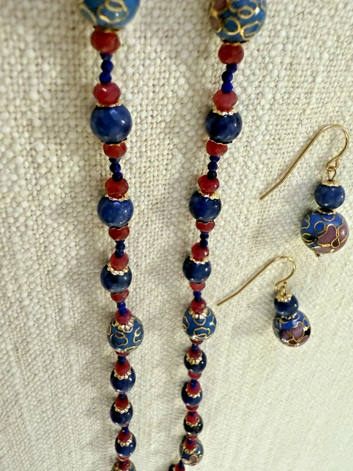 Juego de collar y pendientes 14k GF esmalte cloisonné rubí lapislázuli 18 pulgadas alambre para los oídos Foto 1 de 4
