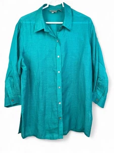 Chico's Linen Silk Button Up Shirt Turquoise Blue 3/4 Sleeve Lightweight Size 2 - Picture 1 of 9
