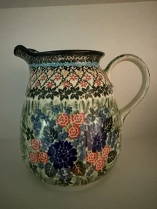 Polnische Keramik UNIKAT 2019 Krug Teresa Liana 7,5” T 8” W Blumen Polen JD200 - Bild 1 von 18