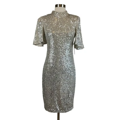 Eliza J Women's Cocktail Dress Size 6 Silver Sequin Short Sleeve Mock Neck Shift - Image 1 of 4