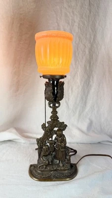 Antique 1920's bronze girls in forest feeding deer candlestick lamp - Image 1 of 4