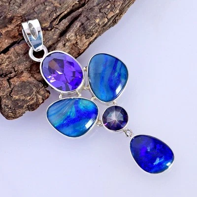 Doppio Opale Gemma Topazio Mistico Argento Sterling 925 Quarzo Gioielli... - Immagine 1 di 4