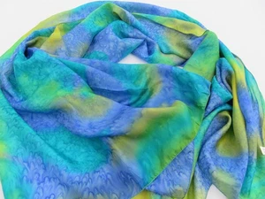 HAND MADE IN TURKEY BLUE JADE & LEMON MARMORING PRINT REINE 100% SEIDE XL SCHAL - Bild 1 von 16