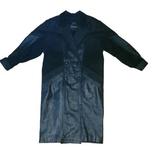 Vtg. Wilsons Leather Trench Coat Womens PM Petite Medium Black Suede Paisley - Picture 1 of 11