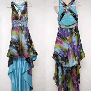 Camille La Vie Crisscross Back Embelished Floral Long Train Hi Low Prom Dress 0 - Picture 1 of 16