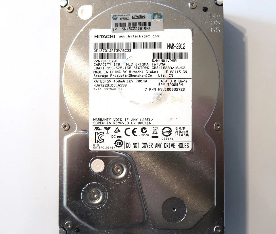 Hitachi HUA722010CLA330 0F13701 JPT3MA China 1.0TB Sata 3.5" HDD MAR-2012 - Image 1 of 1