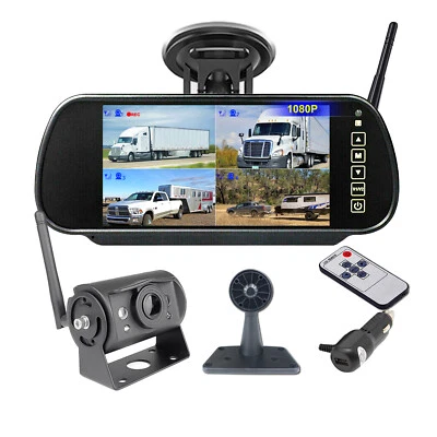 Wireless 7" Mirror Monitor QUAD Split Screen DVR w/32GB Backup Camera for Truck - Image 1 of 4
