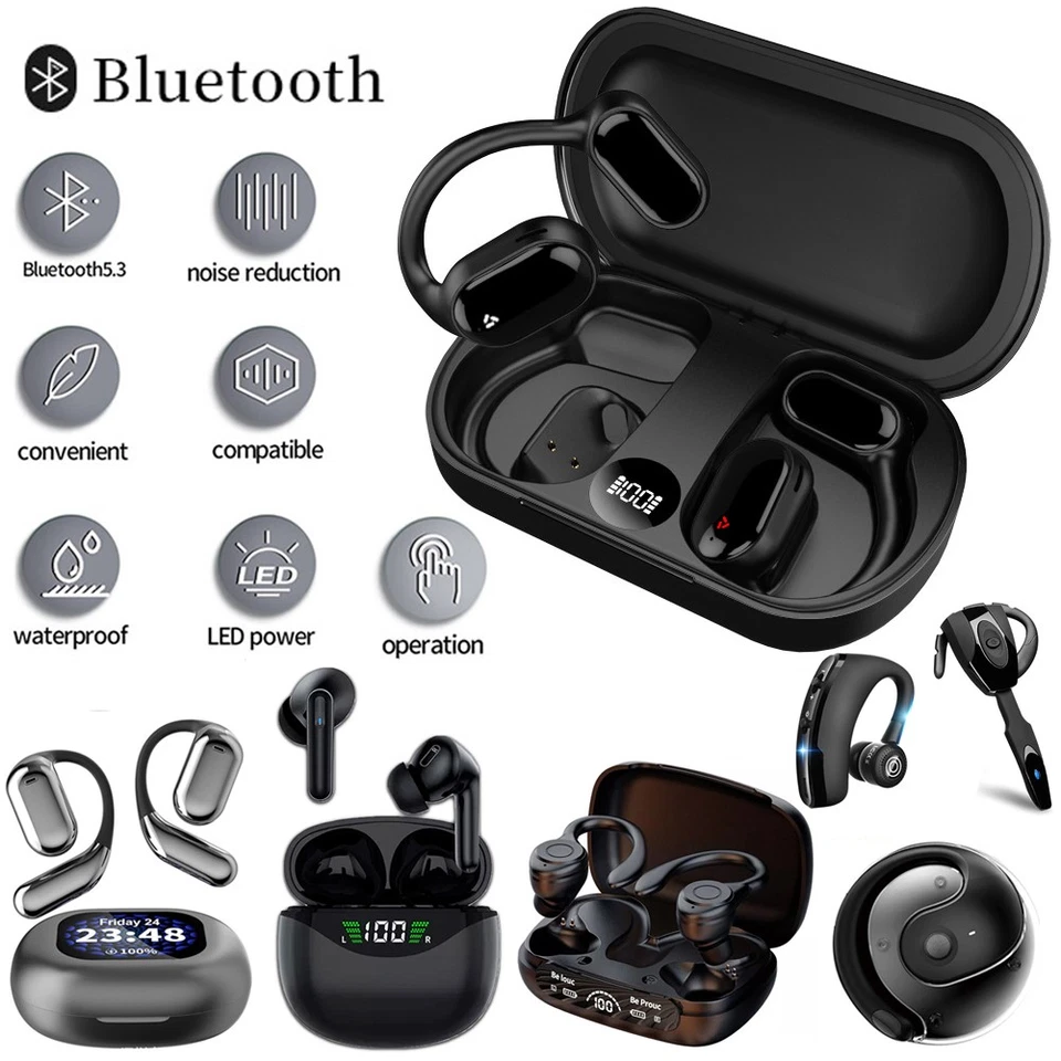Wireless Bone Conduction Headphones Bluetooth Earpiece Noise Cancelling Earbuds - Image 1 of 1