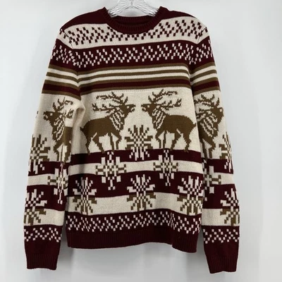 ASOS Mens Sweater XS Acrylic Wool Blend Reindeer Snowflake Burgundy Beige - Image 1 of 4