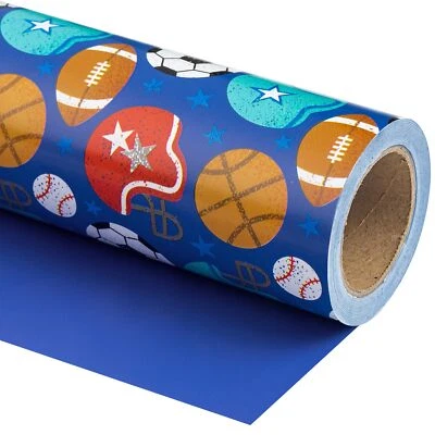 Mini rolo de papel de embrulho de futebol reversível design bola 17x33 pés azul - Imagem 1 de 4