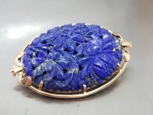 Estate Vintage 14k Yellow Gold Lapis Lazuli Floral Flower Brooch Pin Pendant - Picture 1 of 9