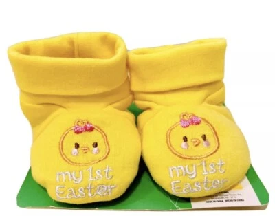 My First Easter Newborn Girl Yellow Soft Baby Booties With Embroidered Chicks - Image 1 of 4