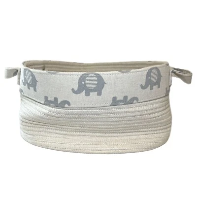 Elephant Print Rope Basket Gray Natural Handles Storage Organize Nursery 15x11x8 - Image 1 of 4