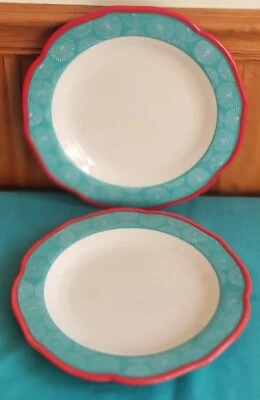 Pioneer Woman Dinner Plates HAPPINESS Set of 2 Red Rim Teal Starburst Flowers  Foto 1 de 4