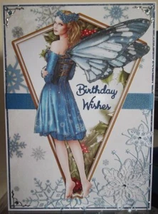HANDMADE AUCTION REDUCED FANTASY BIRTHDAY CARD WINTER FAIRY IN BLUE & SNOWFLAKES - Picture 1 of 4
