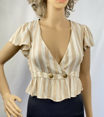 Women's Forever 21 Beige & Cream Striped Crop Top, Cap Sleeves, Size Small - Image 1 of 4