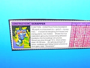 Tarjeta de archivo G1 Transformers Scrapper Constructicon Tech Spec 1985 ¡100 % original!! - Imagen 1 de 3