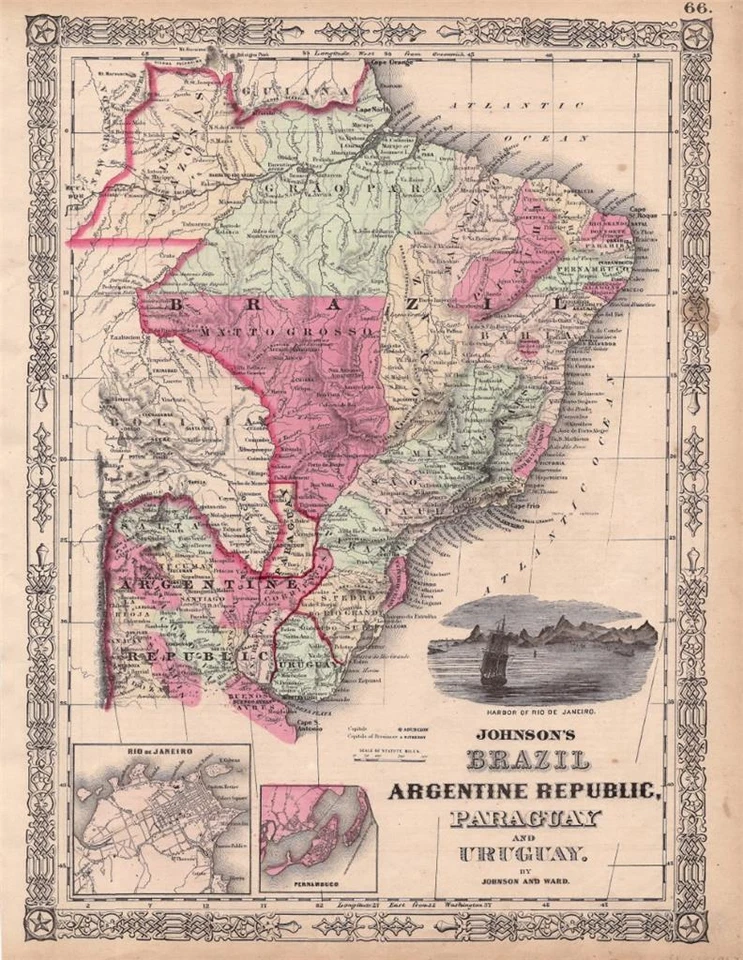 1863 JOHNSON'S FAMILY ATLAS - MAPA DE BRASIL, ARGENTINA, PARAGUAY - COLOREADO A MANO Foto 1 de 1