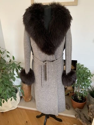 Abrigo de lana Windsmoor marrón tweed chaqueta con cinturón talla 14 ribete de piel sintética Foto 1 de 4