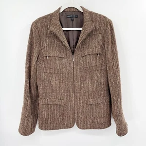 Lafayette 148 Tweed Zip Up Blazer Brown Size 8 Long Sleeve Front Pocket Lined - Picture 1 of 12