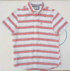Mens Original Penguin Pure Linen Shirt Short Sleeved White Red Stripes Medium  - Picture 1 of 10