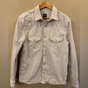 Zara Men's Shirt Denim Jean Shacket Distressed Size Medium Cream Ivory Snap - Picture 1 of 11