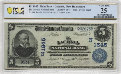 1902 Laconia New Hampshire $5 National Banknote Charter 1645 PCGS Very Fine 25 - Image 1 of 2