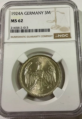 1924 A GERMANY WEIMAR 3 MARKS Silver KM43 MS62 NGC BLAST LUSTRE - Image 1 of 2