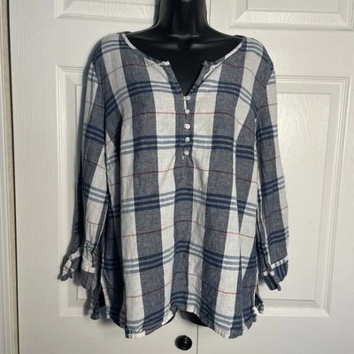 Camisa Liz Claiborne Mujer Grande Blanca Azul Cuadros Mezcla de Lino Popover Henley Top Foto 1 de 4
