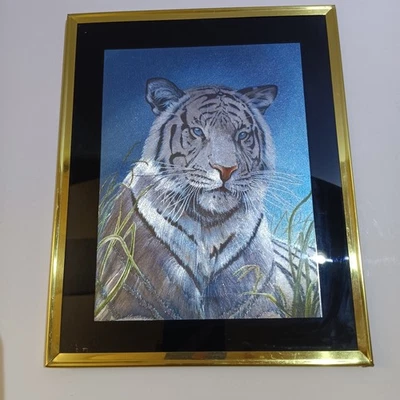 Carol Hoss Tiger Metallic Foil Art Lithograph Framed Picture Vintage 1988 - Image 1 of 4