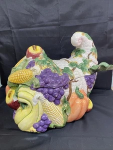 Vintage Fitz and Floyd Suppenterrine mit Schöpfkelle Füllhorn Obst Gemüse Ernte - Bild 1 von 8