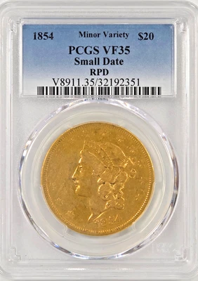 1854 $20 fecha pequeña RPD oro libertad variedad menor graduación profesional VF35 Foto 1 de 2