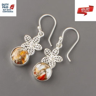 Orange Copper Turquoise 925 Sterling Silver Mother Dangle Drop Earrings Jewelry - Image 1 of 4
