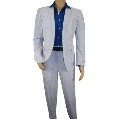 Men ADOLFO Seersucker Suit Stripe Casual Dressy Summer Suit 2 Button C622 Blue - Image 1 of 4