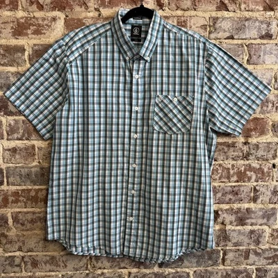 Volcom Men's XL Plaid Short Sleeve Button Up Shirt Classic Fit Blue White Gray - Image 1 of 4