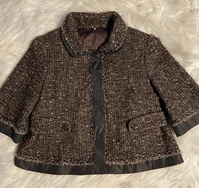 Chaqueta Blazer Pequeña Mezcla Alpaca S Peplum Tafetán Borde Marrón Tweed A Presión Para Mujer Foto 1 de 4