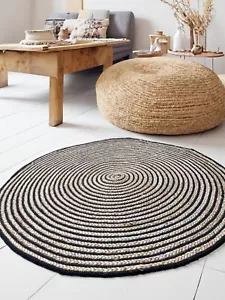 Rug Round Rugs Jute Natural Black Cotton Mat Braided Stripe Reversible Mats - Picture 1 of 41