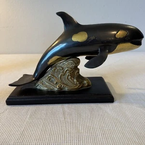 Orca Metal Sculpture No Marking Wooden Base Randy Puckett Style Not Original - Picture 1 of 11
