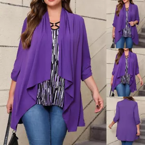 Women 3/4 Sleeve Hem Open Front Cardigan Waterfall Casual Tops Blouse Plus Size - Picture 1 of 21