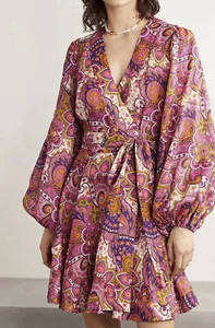 Zimmermann Fiesta Floral Paisley Linen Balloon Sleeve Mini Wrap Dress Size 0 - Picture 1 of 6