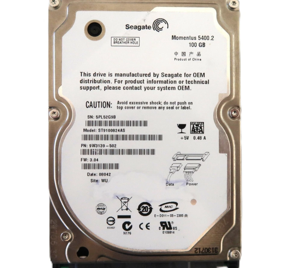 Seagate ST9100824AS 9W3139-502 FW:3.04 WU  100gb 2.5" Sata hard drive JUL/2007 - Image 1 of 1