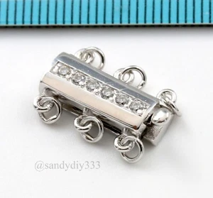 1x  Rhodium plated STERLING SILVER CZ RECTANGLE 3-strand BOX CLASP #3259 - Picture 1 of 4
