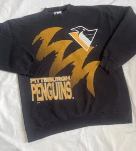 Vtg Logo Athletic Pittsburgh Penguins Sharktooth Crewneck Sweatshirt Black Sz L - Picture 1 of 10